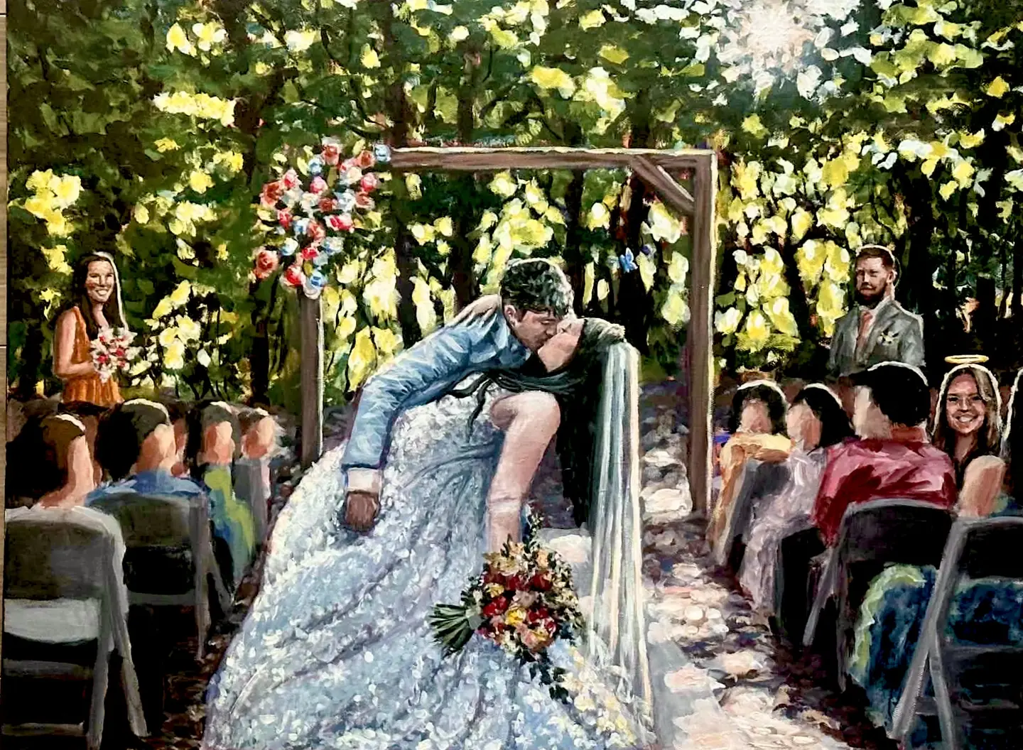 Live wedding painting of bride and groom dipping in the aisle with guests watching — Oklahoma wedding artist