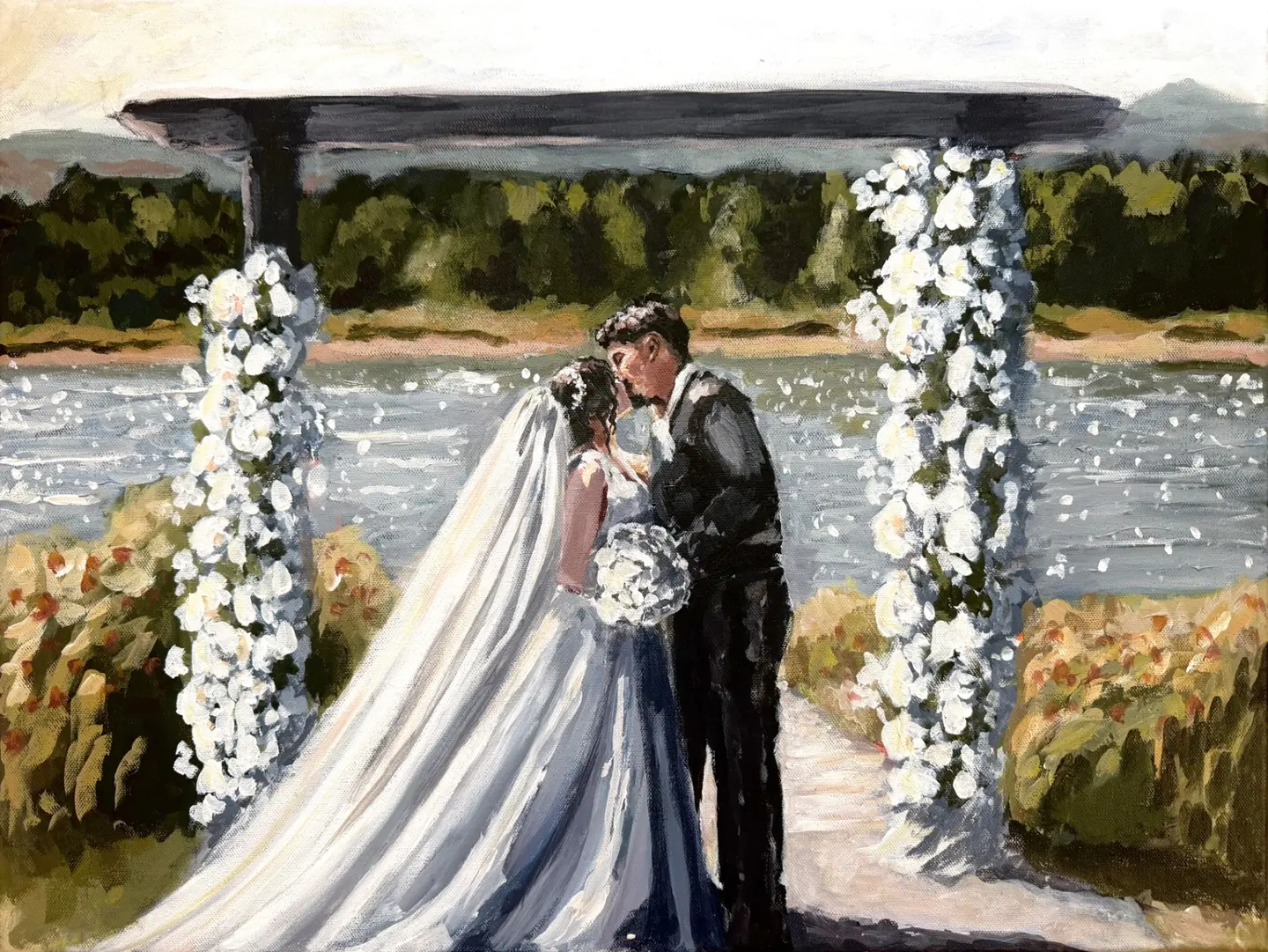 Live wedding painting of bride and groom kissing beneath a floral arch by a lake — Oklahoma wedding artist