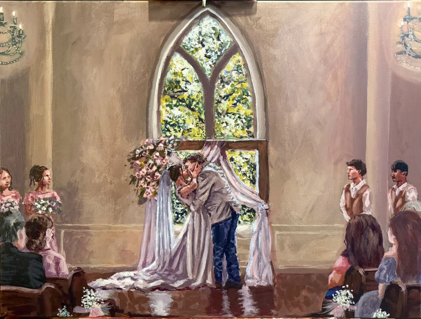 Live wedding painting of bride and groom's first kiss beneath a gothic chapel window — Oklahoma wedding artist