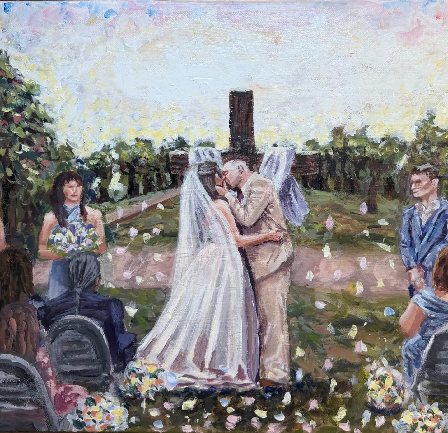 Bride and groom painting with petal toss — custom heirloom by Ashtonishing Art
