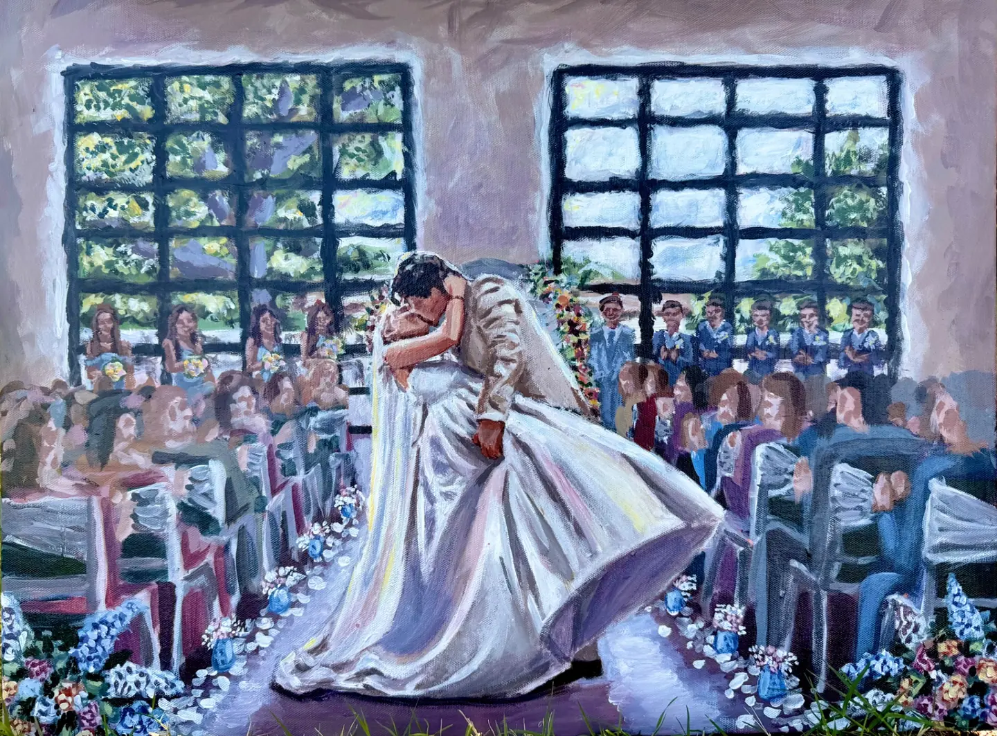 Live wedding painting of bride and groom dipping in a sunlit ceremony hall — Oklahoma wedding artist