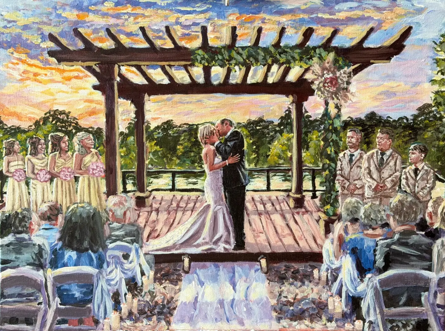 Live wedding painting of bride and groom's first kiss beneath a pergola at sunset — Oklahoma wedding artist