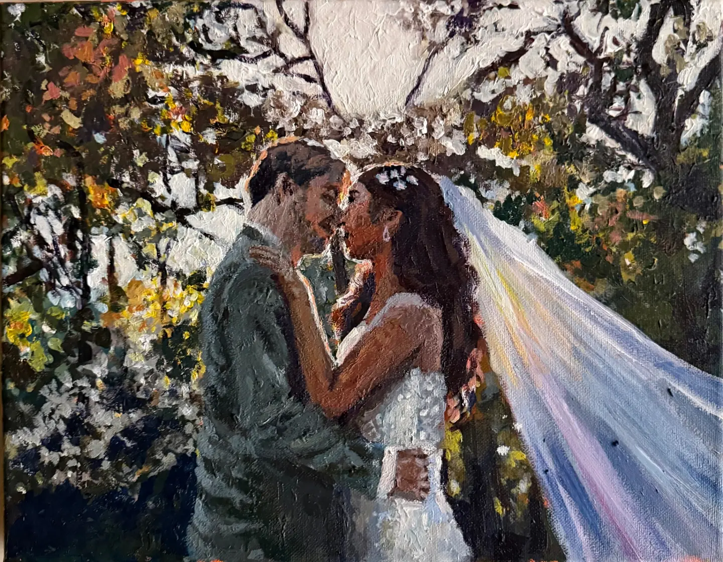 Live wedding painting of bride and groom beneath autumn trees — Oklahoma wedding artist