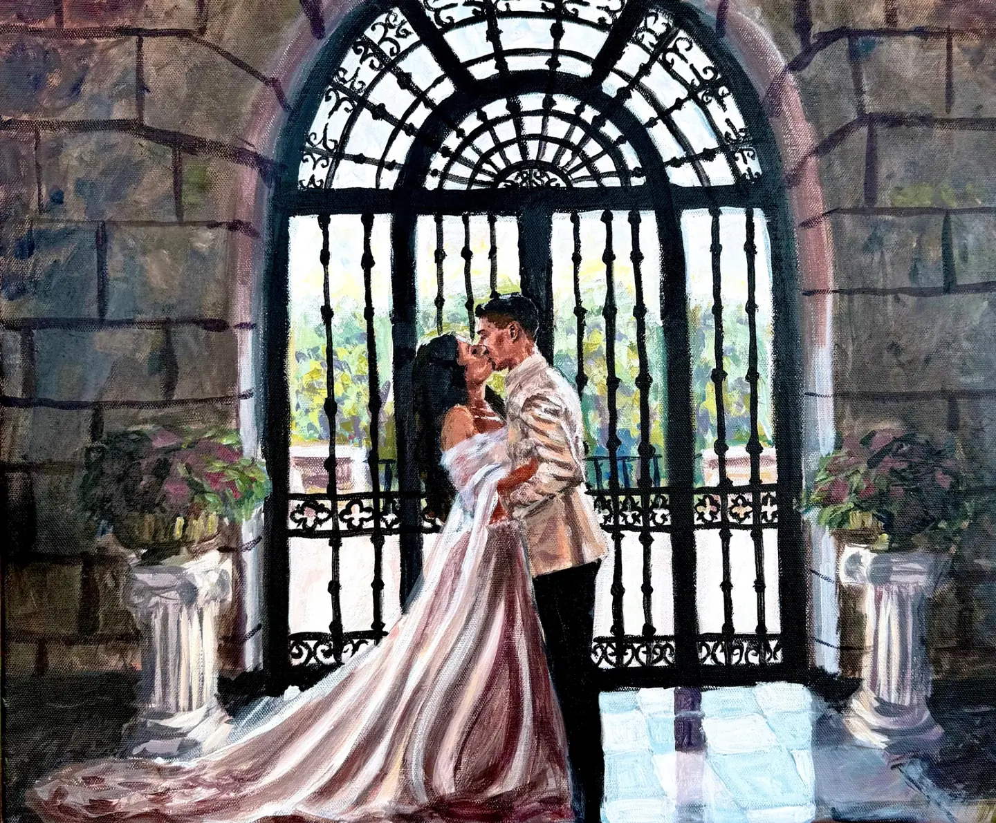 Live wedding painting of a ceremony beneath an iron arch
